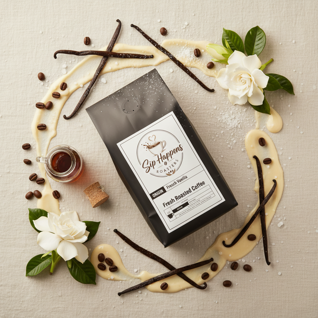 A bag of Sip Happens Coffee Fresh French Vanilla roasted coffee is styled in a flat-lay on a textured beige fabric background, surrounded by vanilla beans, white flowers, cream drizzle, and coffee beans.