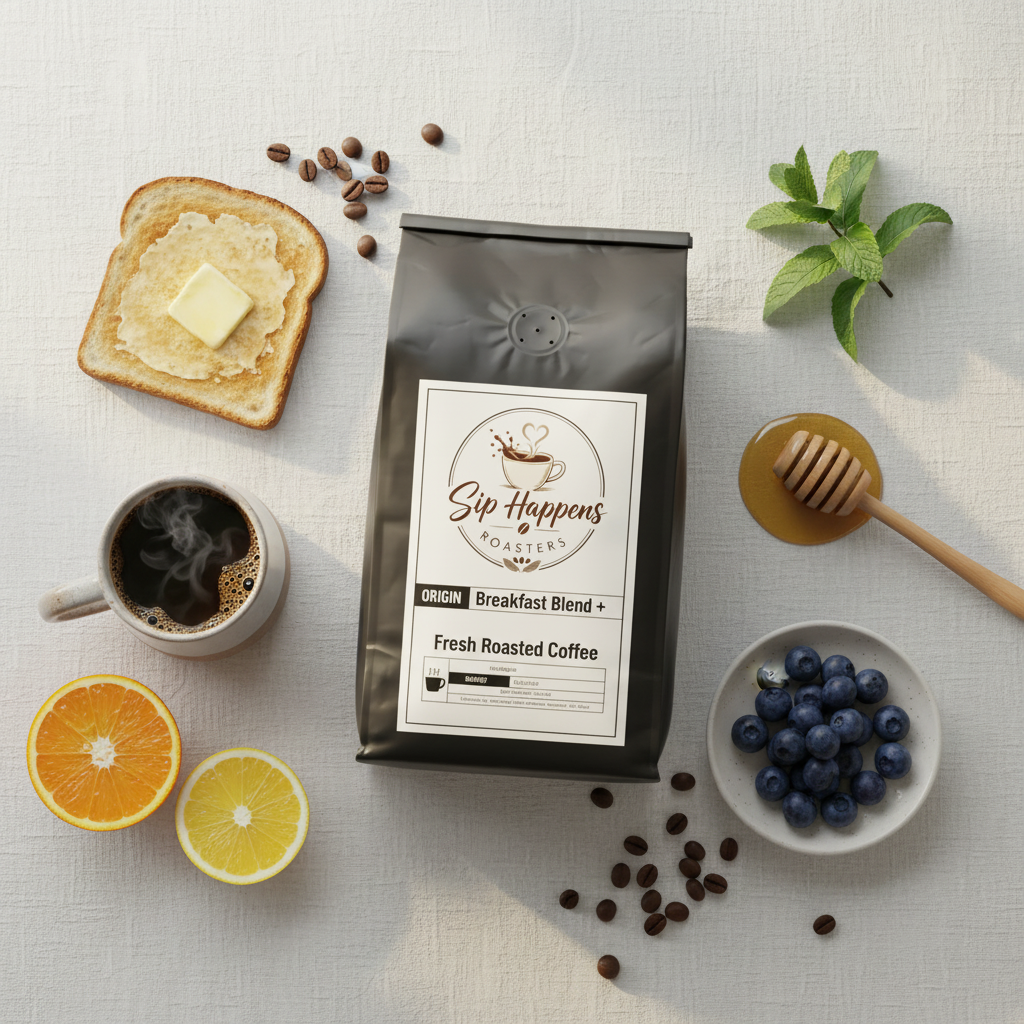 A bag of Sip Happens Roasters Breakfast Blend coffee is styled in a flat lay on a white textured cloth, surrounded by a cup of black coffee, toast with butter, blueberries, orange and lemon slices, honey, and mint.