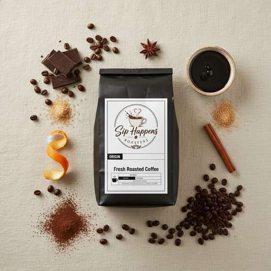 Overhead view of a Sip Happens Roasters coffee bag beside a cup of black coffee, roasted beans, chocolate, and spices on a cream surface.