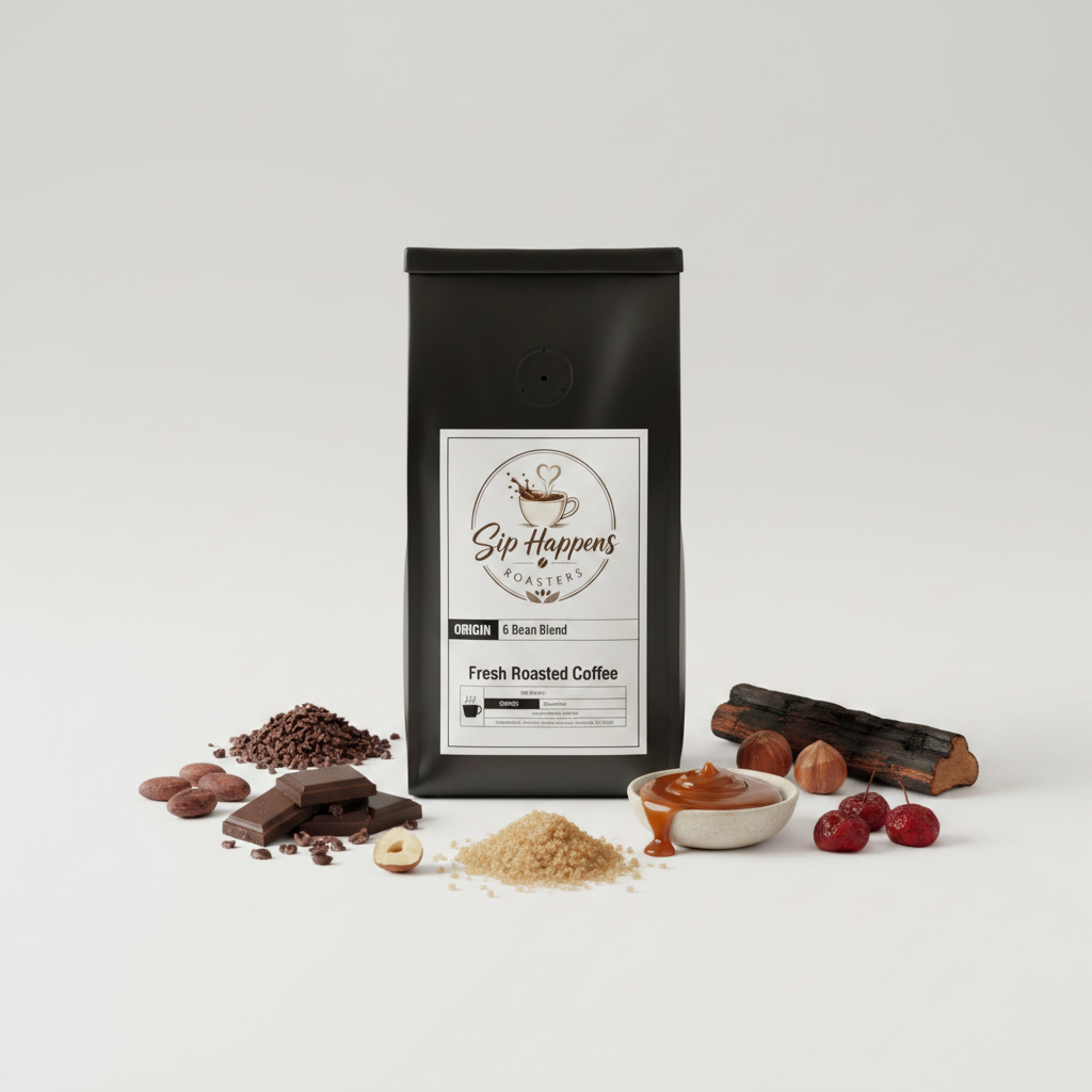 A black bag of Shop Happens 6 bean blend, stands on a white studio background, surrounded by coffee-roasting ingredients including beans, chocolate, brown sugar, caramel, hazelnuts, and cherries.