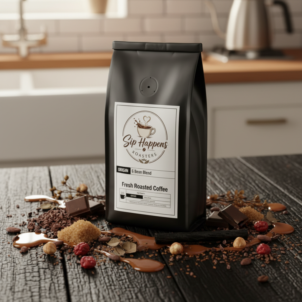 A black bag of Sip Happens Roasters organic 6 Bean Blend Fresh Roasted Coffee stands on a dark wooden table with coffee beans, chocolate, and syrup scattered around it. The background shows a softly blurred kitchen setting.