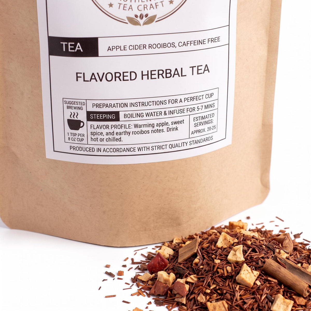Apple Cider Rooibos label showing zero caffeine and natural antioxidant minerals
