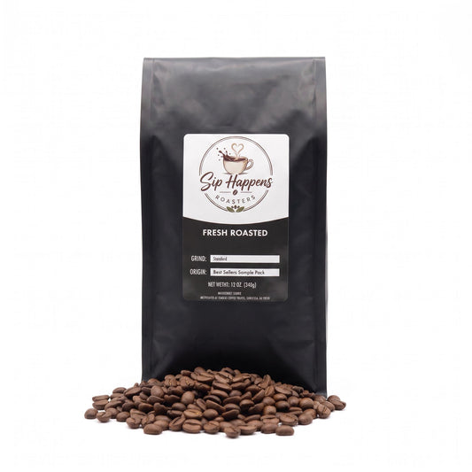 Specialty coffee tasting flight showing 6 artisan roasts in fresh valve pouches