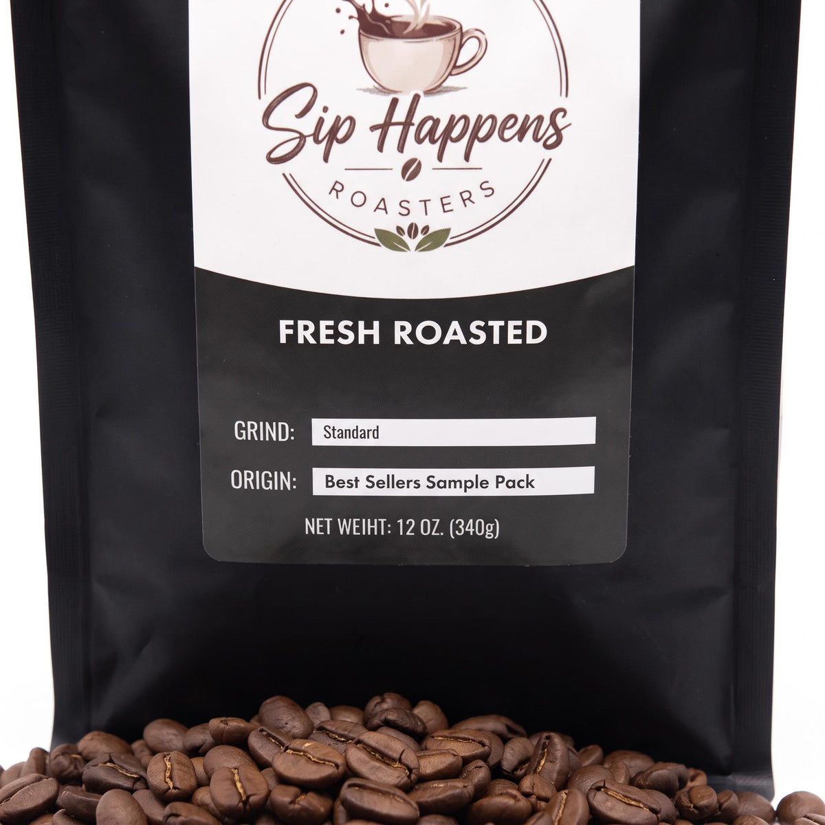 Sip Happens Roasters Fresh Roasted coffee beans with a white and black label, shown with coffee beans spilled at the bottom against a white background.
