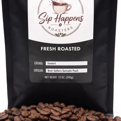 Sip Happens Roasters Fresh Roasted coffee beans with a white and black label, shown with coffee beans spilled at the bottom against a white background.