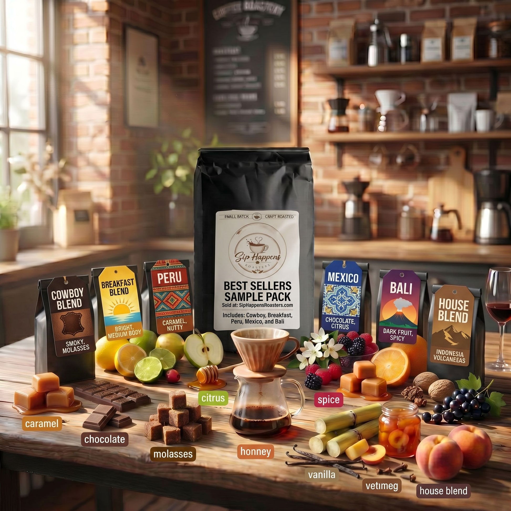 Best Sellers Sample Pack Cowboy Blend, Breakfast Blend, Peru, Mexico, Bali and House Blend Sip Happens Roasters 