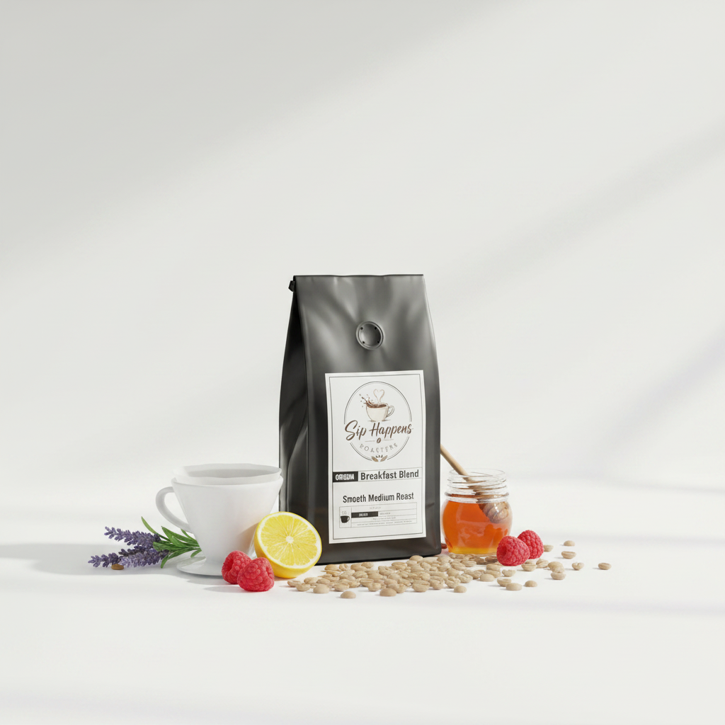 A black bag of Sip Happens Roasters Breakfast Blend' stands on a white surface with coffee beans scattered around it. A white cup, a lemon slice, raspberries, lavender sprigs, and a small honey jar with a wooden dipper are arranged around the bag against a clean white background with soft shadows.