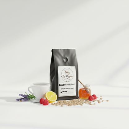 A black bag of Sip Happens Roasters Breakfast Blend' stands on a white surface with coffee beans scattered around it. A white cup, a lemon slice, raspberries, lavender sprigs, and a small honey jar with a wooden dipper are arranged around the bag against a clean white background with soft shadows.