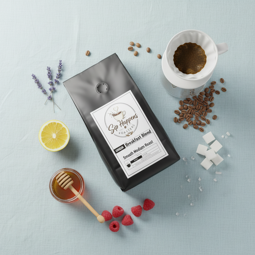 A bag of Sig Happens Coffee Breakfast Blend is displayed in a styled flat-lay on a light blue textured background, surrounded by coffee beans, a white coffee maker with brewed coffee, a lemon slice, honey, raspberries, and lavender sprigs.