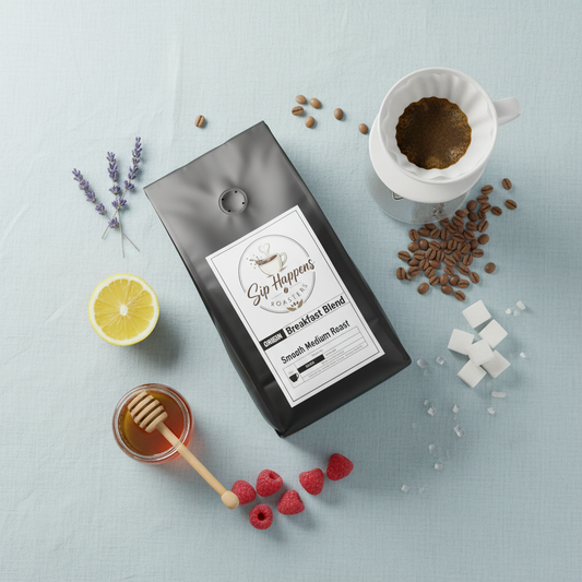 A bag of Sig Happens Coffee Breakfast Blend is displayed in a styled flat-lay on a light blue textured background, surrounded by coffee beans, a white coffee maker with brewed coffee, a lemon slice, honey, raspberries, and lavender sprigs.