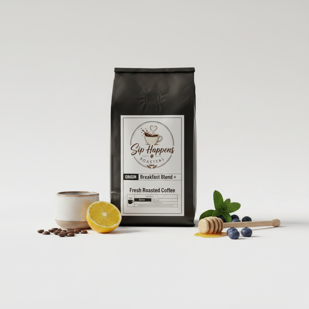 A bag of Sip Happens Roasters Fresh Roasted Coffee, styled on a white background with coffee beans, a half lemon, a ceramic cup, a honey dipper, mint, and blueberries.