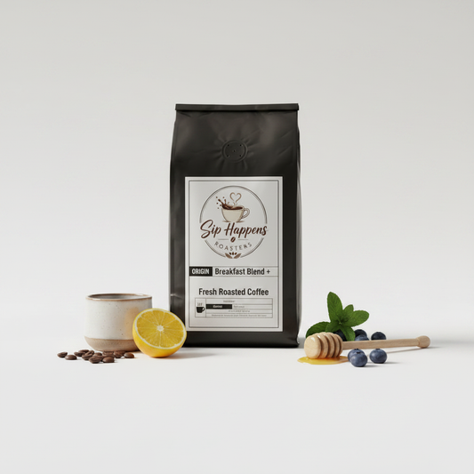 A bag of Sip Happens Roasters Fresh Roasted Coffee, styled on a white background with coffee beans, a half lemon, a ceramic cup, a honey dipper, mint, and blueberries.