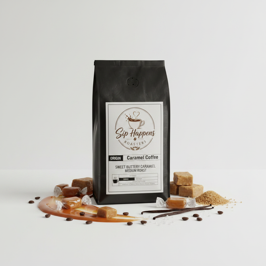 Black bag of Sip Happens Caramel Coffee stands on a white studio surface with caramel drizzle, wrapped caramels, brown sugar, vanilla beans, and coffee beans arranged around the base. The front label reads Sip Happens, Caramel Coffee, Sweet Butter Caramel, Medium Roast.