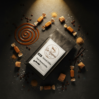 Bag of Sip Happens Coffee Fresh Roasted Coffee, Caramel Coffee, styled in a flat lay with caramel candies, coffee beans, and a caramel swirl on a dark textured background.
