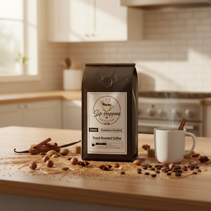 A bag of Sip Happens Coffee Fresh Roasted Coffee stands on a wooden kitchen counter next to a white mug with a cinnamon stick, surrounded by coffee beans, spices, and flour in a warm, softly lit kitchen setting.
