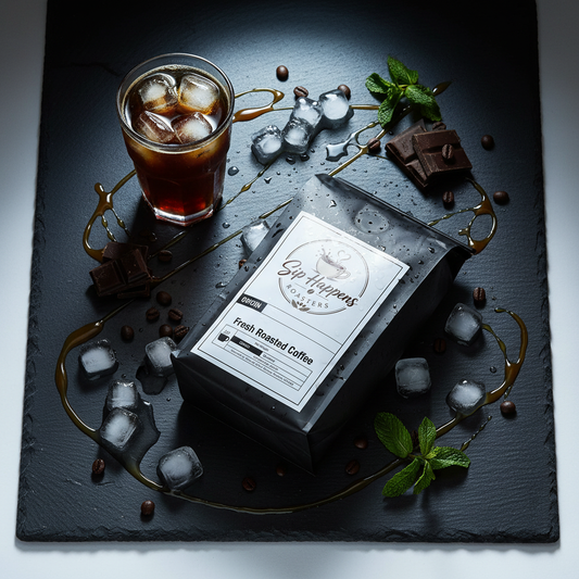bag of Sip Happens Roasters Cold Brew on a dark slate board, surrounded by ice cubes, coffee beans, chocolate pieces, mint leaves, and a glass of iced coffee.