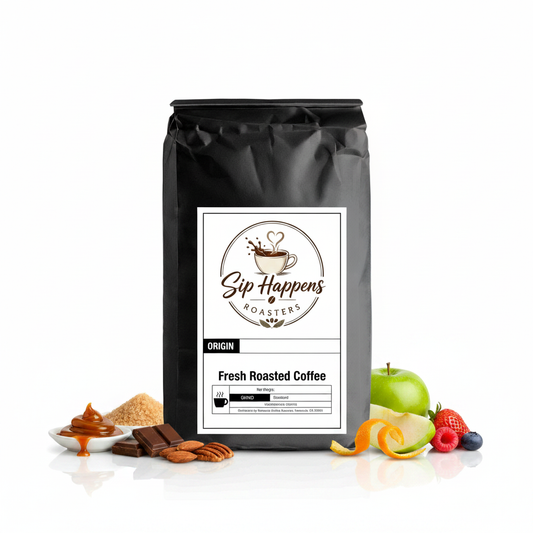 A black bag of Sip Happens Roaster Fresh Roasted Coffee centered on a white background, surrounded by coffee-themed props including caramel sauce, cocoa powder, chocolate pieces, a green apple, orange peel, and berries.