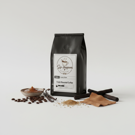 A black bag of Sip Happens Coffee Fresh Roasted stands on a light gray studio background, surrounded by coffee beans, cinnamon sticks, a small bowl of coffee cream, and a pile of ground coffee.