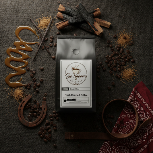 A bag of Sip Happens Coffee Cowboy Blend sits centered on a dark textured surface, surrounded by coffee beans, wood logs, cinnamon sticks, a horseshoe, a wooden spoon, and a red paisley bandana.