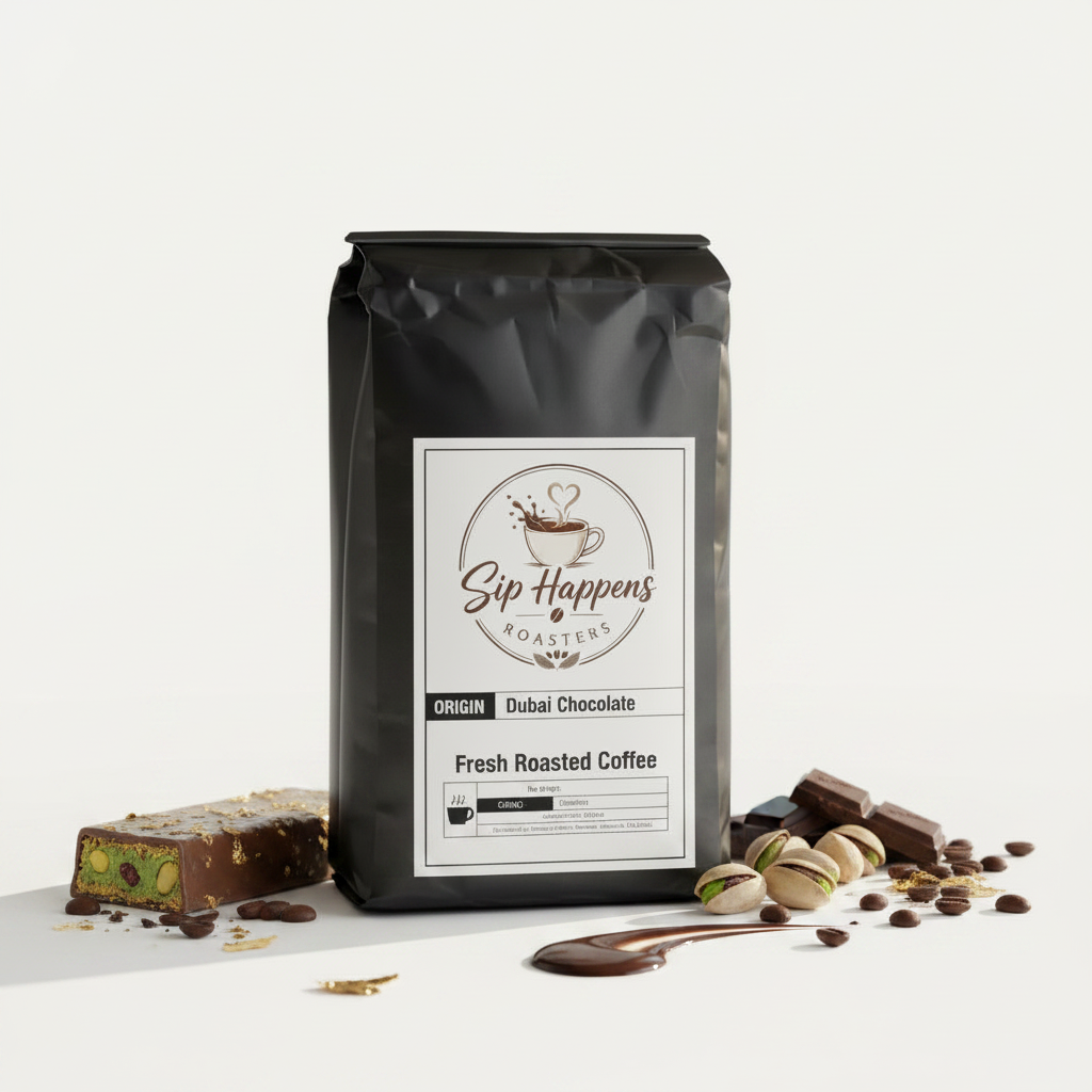 A black bag of Sip Happens Roasters 'Dubai Chocolate' fresh roasted coffee stands on a white surface with chocolate pieces, pistachios, and coffee beans arranged around it.