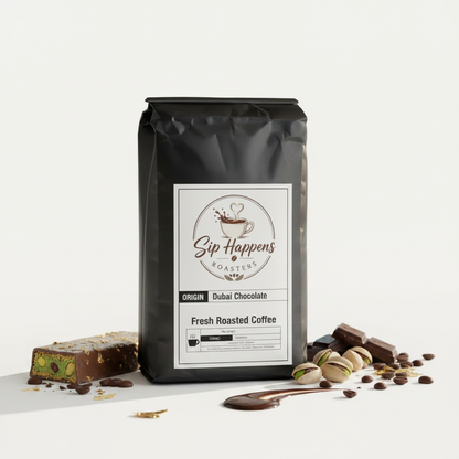 A black bag of Sip Happens Roasters 'Dubai Chocolate' fresh roasted coffee stands on a white surface with chocolate pieces, pistachios, and coffee beans arranged around it.