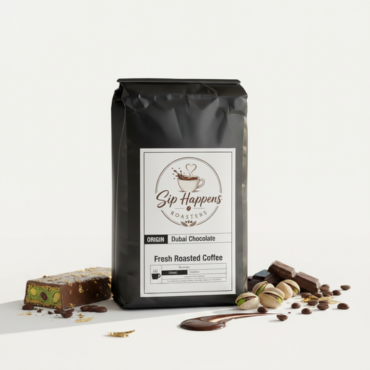 A black bag of Sip Happens Roasters 'Dubai Chocolate' fresh roasted coffee stands on a white surface with chocolate pieces, pistachios, and coffee beans arranged around it.