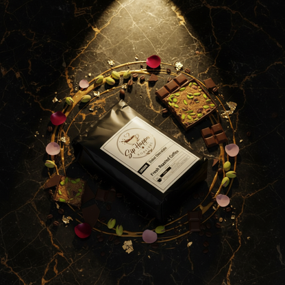 A styled flat-lay of Sip Happens Roasters Dubai Chocolate Coffee surrounded by chocolate pieces, pistachios, and rose petals on a dark marble surface.