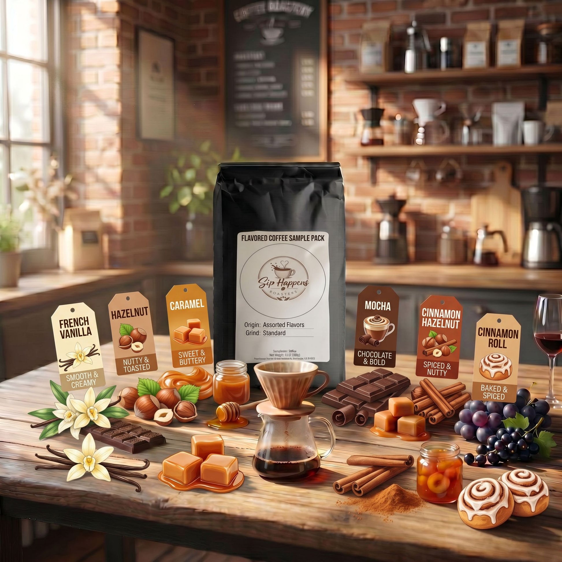 Sip Happens Roasters Flavored Sample Pack French Vanilla, Hazelnut, Caramel, Mocha, Cinnamon Hazelnut and Cinnamon Roll