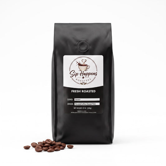 black bag of Sip Happens Roasters Fresh Roasted coffee beans with a few scattered coffee beans on the surface in front, set against a plain white background.