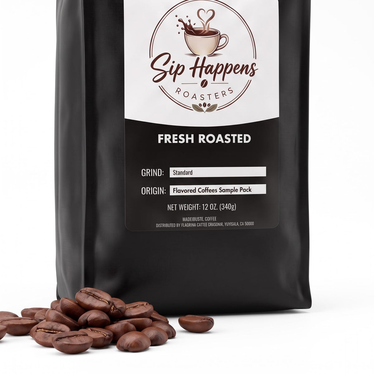 Black bag of Sip Happens Roasters Fresh Roasted coffee beans with several whole coffee beans scattered in front on a white background.