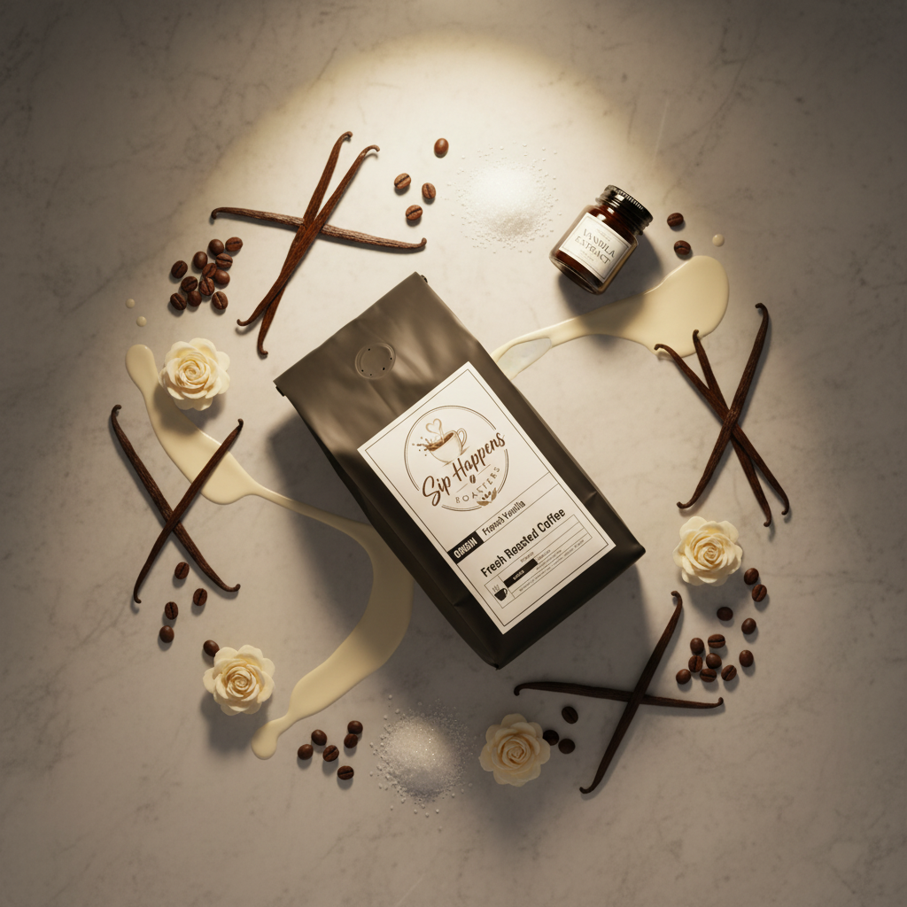 A bag of Sip Happens Roasters French Vanilla Coffee. Pure Refined Coffee is displayed in a styled flat-lay on a textured gray surface, surrounded by coffee beans, vanilla beans, cream drizzle, and small white roses under a dramatic spotlight.