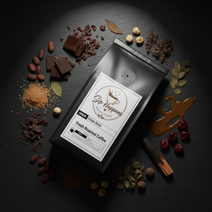 A black bag of Sip Happens Roasters 6 Bean Blend Dark Roast Espresso is arranged on a dark textured surface with coffee-roasting ingredients around it, including cocoa chunks, cinnamon, dried leaves, and berries.