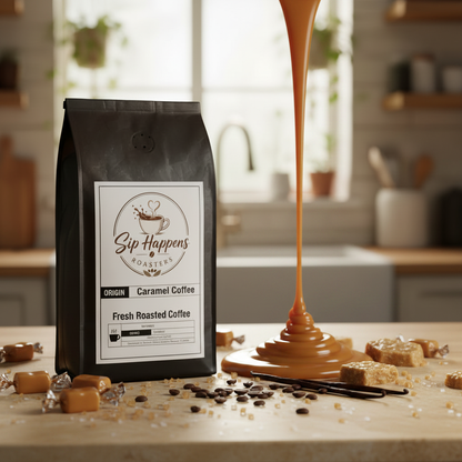 Bag of Sip Happens Roasters Caramel Coffee stands on a kitchen counter with caramel being poured from above into a decorative dish. The scene includes scattered caramel pieces, coffee beans, vanilla beans, and a softly blurred kitchen background.