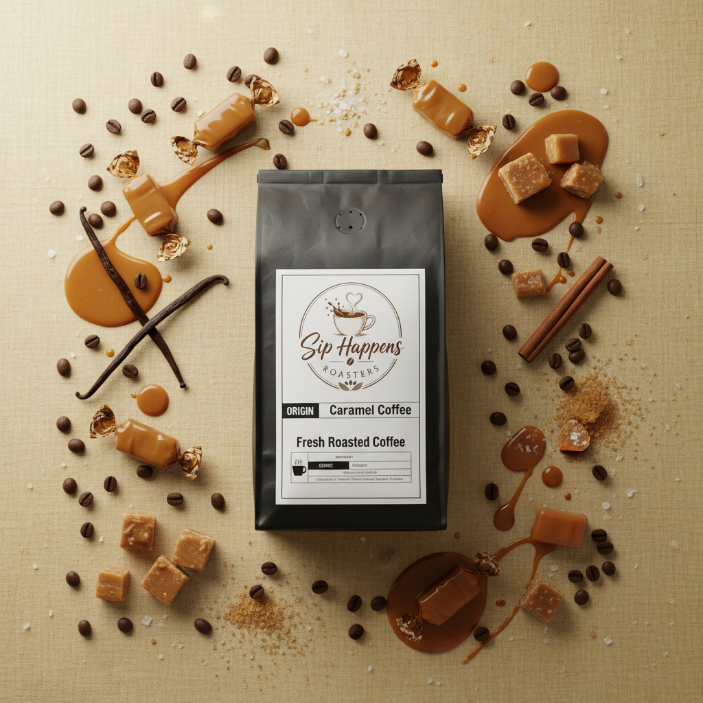 A bag of Sip Happens Coffee Caramel Coffee is centered in a styled flat-lay on a beige textured background, surrounded by caramel drizzles, chocolate pieces, vanilla beans, cinnamon sticks, and scattered coffee beans.