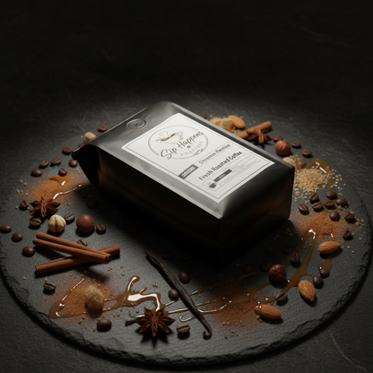 Bag of Sip Happens Roasters Cinnamon Hazelnut sits on a dark slate platter surrounded by coffee beans, cinnamon sticks, star anise, and caramel drizzle.