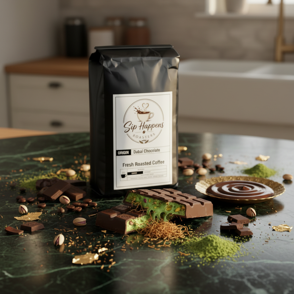 A black bag of Sip Happens Dubai Chocolate Fresh Roasted Coffee stands on a dark green marble countertop, surrounded by chocolate pieces, coffee beans, green powder, and gold flakes. The background shows a softly blurred kitchen setting.