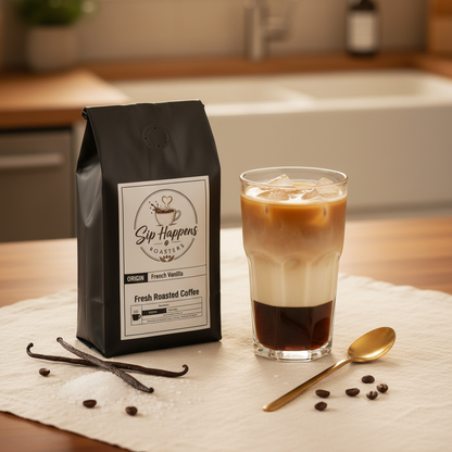 A black coffee bag of Sip Happens Roasters stands on a cloth beside a glass of layered iced coffee, with vanilla beans, coffee beans, and a gold spoon in a softly lit kitchen setting.