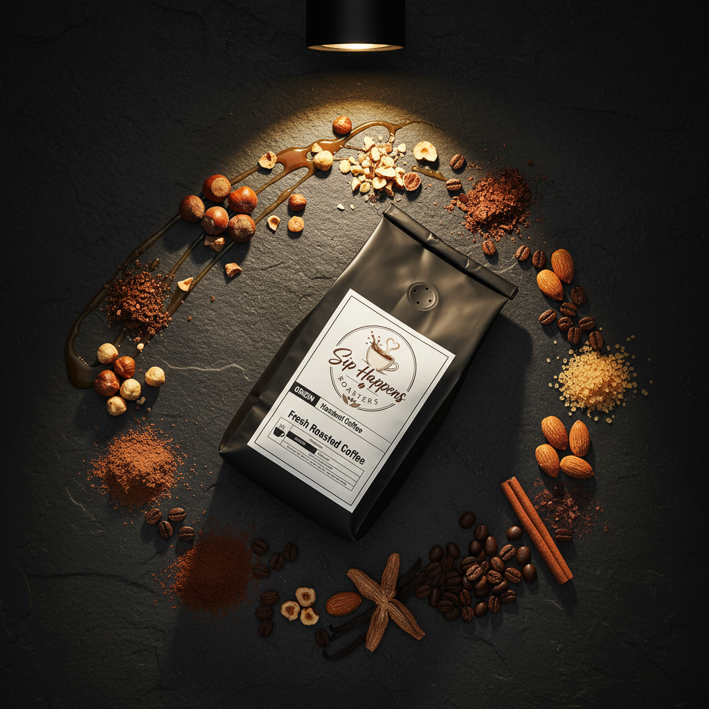 A bag of Sip Happens Roasters, Hazelnut Coffee is arranged on a dark stone surface with scattered coffee beans, cinnamon sticks, almonds, hazelnuts, and cocoa powder around it. A spotlight from above highlights the bag, and the background is a dark textured surface.