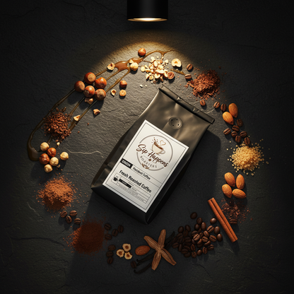 A bag of Sip Happens Roasters, Hazelnut Coffee is arranged on a dark stone surface with scattered coffee beans, cinnamon sticks, almonds, hazelnuts, and cocoa powder around it. A spotlight from above highlights the bag, and the background is a dark textured surface.