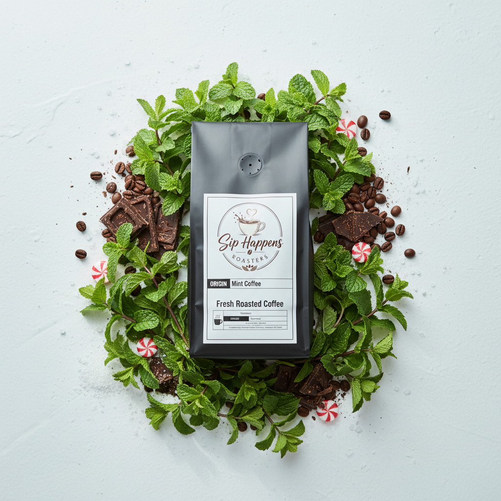A bag of Sip Happens Roasters Mint Coffee is centered on a light gray background, surrounded by a styled arrangement of fresh green mint leaves, dark chocolate chunks, scattered coffee beans, and small red-and-white peppermint candies.