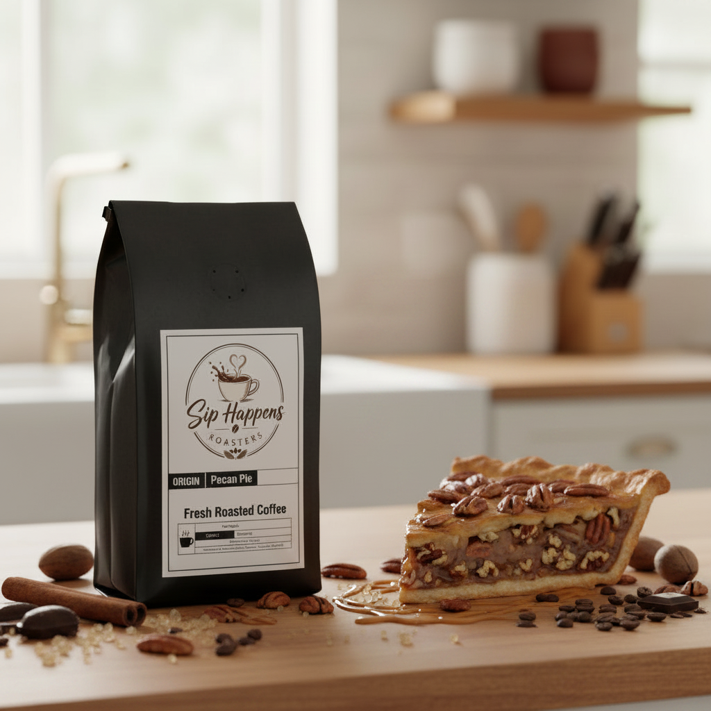 A black bag of Sip Happens Roasted coffee stands on a wooden countertop in a kitchen setting, with a slice of pecan pie beside it and coffee beans, cinnamon, and nuts scattered around.