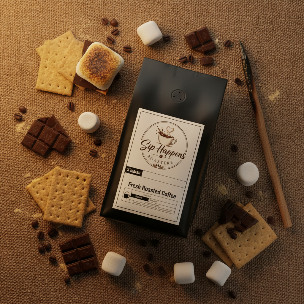 A black bag of Sip Happens Roasters S'mores Flavored Coffee arranged on a burlap surface with scattered chocolate pieces, graham crackers, marshmallows, and a wooden spoon. 