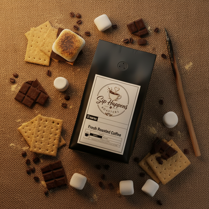 A black bag of Sip Happens Roasters S'mores Flavored Coffee arranged on a burlap surface with scattered chocolate pieces, graham crackers, marshmallows, and a wooden spoon. 