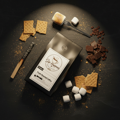 A black coffee bag of Sip Happens Coffee is arranged on a dark surface with s'mores ingredients around it, including graham crackers, marshmallows, chocolate pieces, coffee beans, and a wooden stir stick.