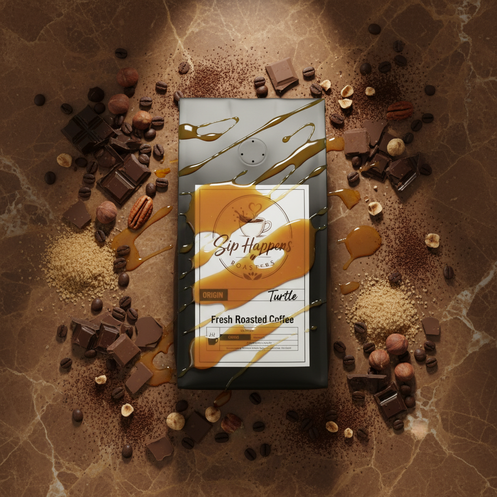 A flat-lay product shot of Sip Happens Roasters Turtle Fresh Roasted Coffee. surrounded by chocolate pieces, coffee beans, and caramel drizzle on a brown marble background.
