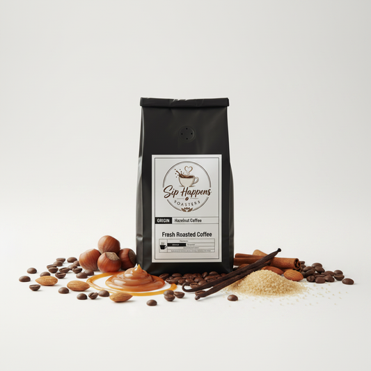 A black bag of Sip Happens Roasters Fresh Roasted Coffee stands on a white studio background, surrounded by coffee beans, hazelnuts, cinnamon sticks, a spoonful of cream, and sugar. 