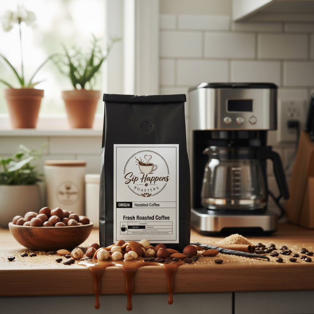 A black bag of Sip Happens Roasters Fresh Roasted Coffee sits on a kitchen counter with hazelnuts, coffee beans, caramel drizzle, and a coffee maker in a bright, modern kitchen setting.
