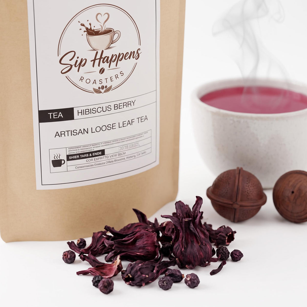 Dried crimson hibiscus petals elderberries black currants and sweet rosehips