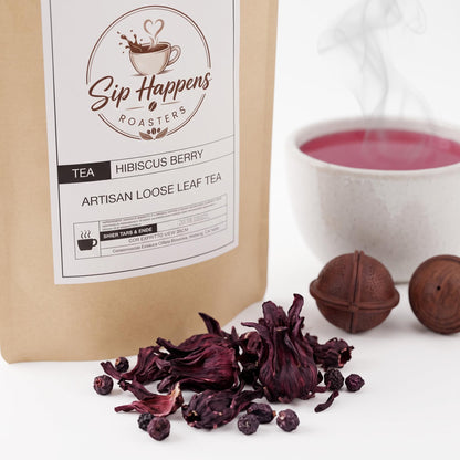 Dried crimson hibiscus petals elderberries black currants and sweet rosehips