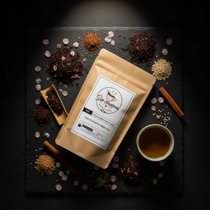 Roasted brown Japanese green tea leaves and toasted stems with nutty aroma